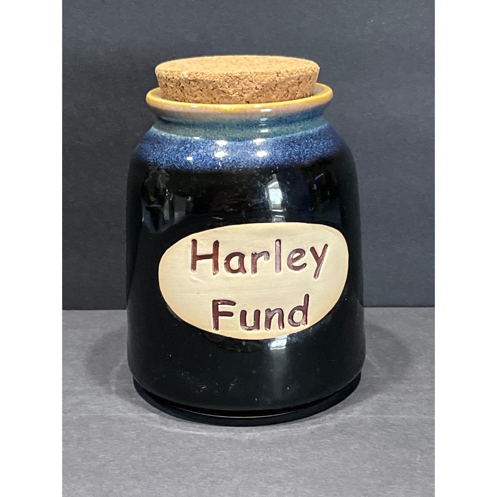 LTD Commodities Harley Fund Ceramic Money Jar Blue Drip Glaze Cork Top Stoneware